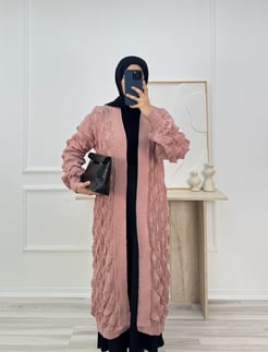 0517-kabartma örgülü triko hırka-pembe