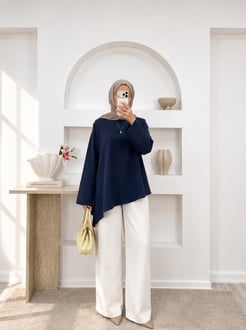 5589-poplin kumaş asimetrik bağlamalı tunik-lacivert 