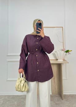 4589-kot düğmeli kuşaklı tunik-bordo