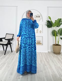 9145-pamuk viskon kumaş-etnik desenli kemerli elbise-turkuaz