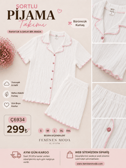 ç6934-bürümcük kumaş fırfırlı şortlu takım-beyaz