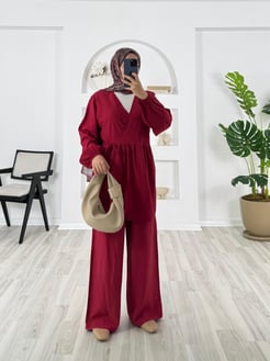 5128-çilek kumaş-altı pile detaylı pantolonlu takım-bordo