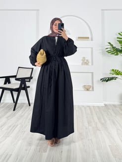 6068-poplin kumaş-önü nervüllü biyeli elbise-siyah