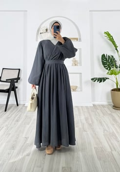 5653-wrn kumaş-çapraz biyeli kuşaklı elbise-füme
