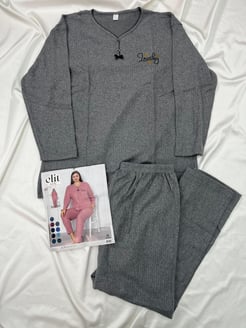 Ç8398 - büyük beden önü dügmeli fitilli pijama takımı - gri 