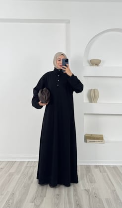 4756 sukuba krep kumaş önü düğmeli elbise-siyah