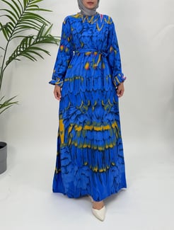 7469-viskon kumaş-etnik desenli seyyar kemerli elbise-mavi