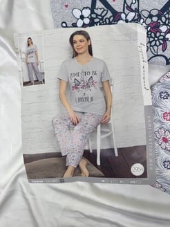 Ç2954 - KISA KOLLU DESENLİ PİJAMA TAKIMI - GRİ