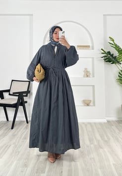 8931 - astarlı önü nervüllü biyeli vual kumaş elbise - füme