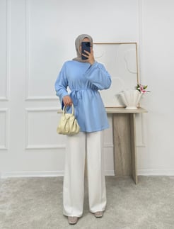 7313-kristal kumaş bağlamalı tunik-mavi