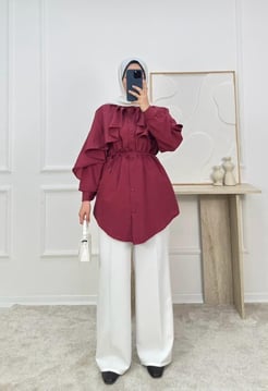 1948-terikoton kumaş pelerinli tunik-bordo