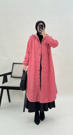 8013-oduncu kaşe kumaş-kapşonlu boydan düğmeli kap-pembe