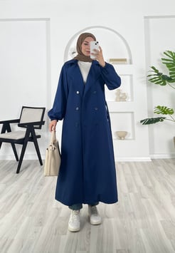 1749-bondit kumaş-bilek ucu lastikli kemerli trenç-saks mavisi