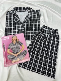 Ç14248 - rotasyon kumaş kareli gömlek yaka kısa kollu pijama takımı - siyah