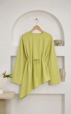 1388-poplin kumaş bağlamalı asimetrik tunik-yeşil