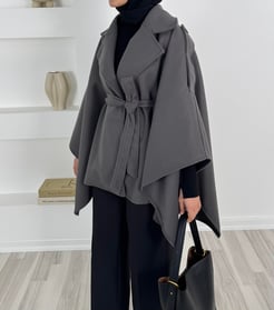 8577 - ithal kaşe kumaş omuzları apoletli baglamalı kaban - gri 