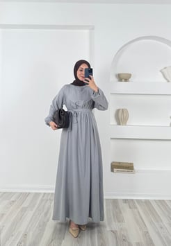 3768 belmando kumaş önü düğmeli elbise-gri