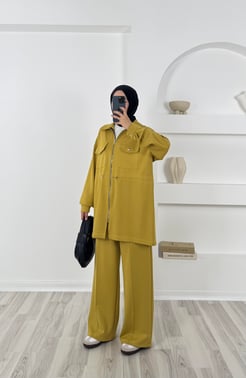 4302 oysho kumaş cepli pantolonlu takım-yağ yeşili