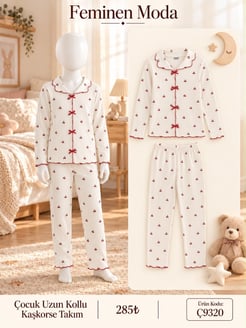 ç9320-kaşkorse kirazlı uzun kol çocuk  pijama takımı-beyaz