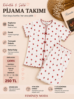 ç6959-raporlı kısa kol gömlek yaka çilekli pijama takımı-beyaz