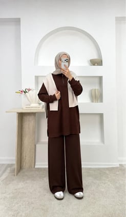 9913-oysho kumaş yarım fermuarlı pantolonlu takım-kahverengi