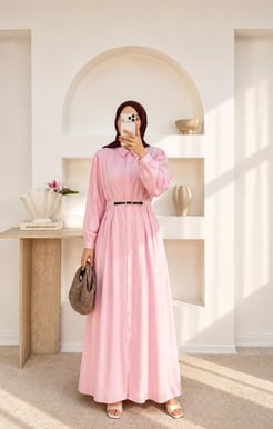 5312-modal kumaş kemerli elbise-pembe
