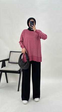 1416-çizgi detaylı yanları yırtmaçlı triko tunik-pembe