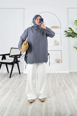 8436-poplin kumaş yanları baglamalı gömlek - gri