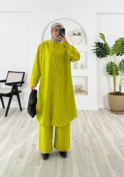 5271-keten kumaş-düğme kısmı taş detaylı pantolonlu takım-yağ yeşili