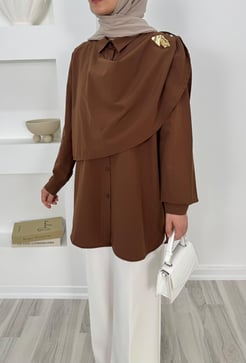 1135-terikoton kumaş broşlu tunik-acı kahve