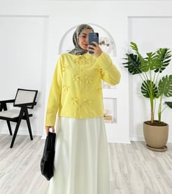 9855-poplin kumaş-kurdele detaylı etek üstü gömlek-sarı