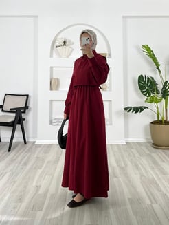 8755-terikoton kumaş-beli lastikli gömlekli elbise-bordo