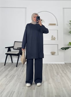 7321 -oysho kumaş önü çımalı bol paça pantolonlu takım - füme 