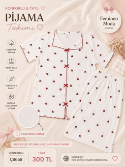 ç8658-kaşkorse kumaş kısa kollu kırazlı pijama takımı-beyaz