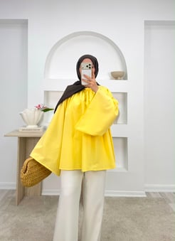 8875-terikoton kumaş balon kol tunik-sarı 