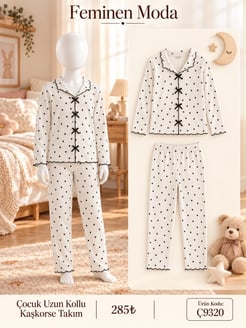 ç9320-kaşkorse siyah kalpli uzun kol çocuk  pijama takımı-beyaz