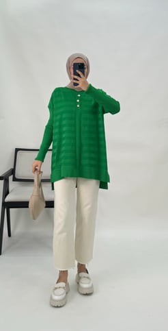 7435-soğuk iplik kumaş-süs düğme detaylı triko tunik-benetton yeşili