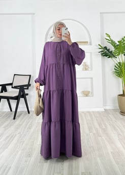 7159 - Gofre kumaş beline kadar dügmeli fırfırlı elbise - mor 