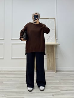 2183-kenarları gold düğme detaylı triko tunik-acı kahve