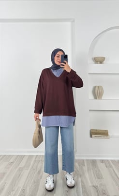 5690 - kristal kumaş çizgili gömlek tunik - acı kahve