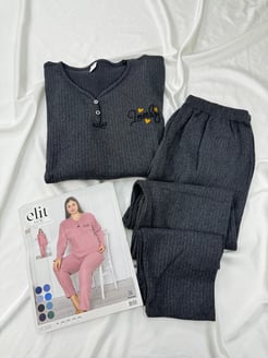 Ç8398 - büyük beden önü dügmeli fitilli pijama takımı - FÜME