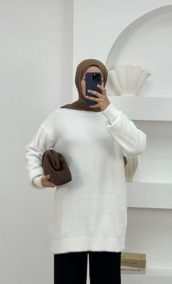 8570-tüylü triko tunik-beyaz