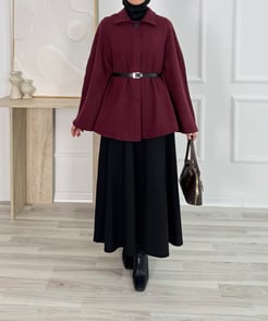 7813-kemerli kaşe panço -bordo