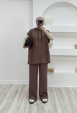 9952-OYSHO KUMAŞ YELEKLİ KAPÜŞONLU PANTOLONLU TAKIM-KAHVE