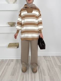 2161 -önü fermuarlı çizgili triko tunik-sütlü kahve
