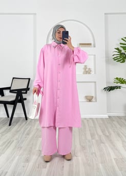 4269-pamuk ayrobin kumaş-yaka ve kol ucu boncuk detaylı pantolonlu takım-pembe