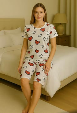 Ç1078 - kısa kollu kapri milan kumaş kırmızı kalpli pijama takımı - beyaz