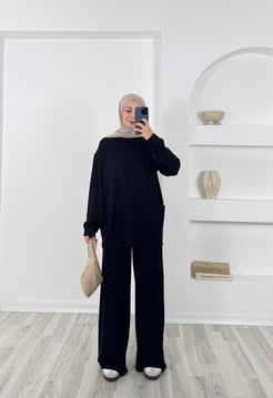 9130 - kristal kumaş cepli tunik pantolonlu takım - siyah