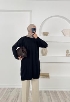3190 kendinden çizgili simit yaka triko tunik-siyah