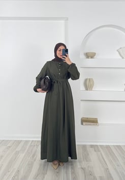 3768 belmando kumaş önü düğmeli elbise-yeşil